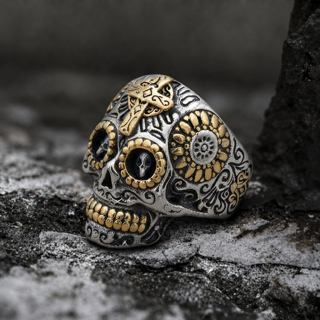Gold Cross Skull Statement Ring