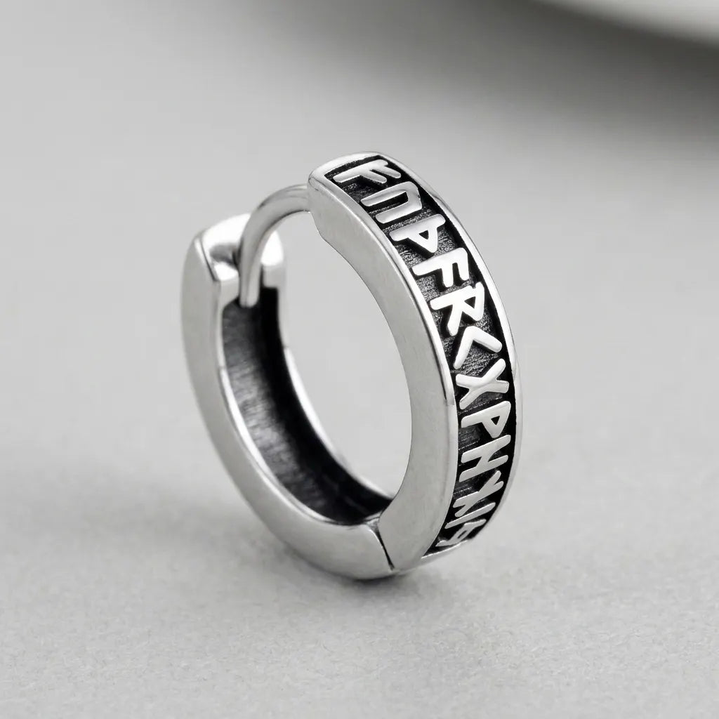 Viking Runes Engraved Silver Huggie Hoop Earrings