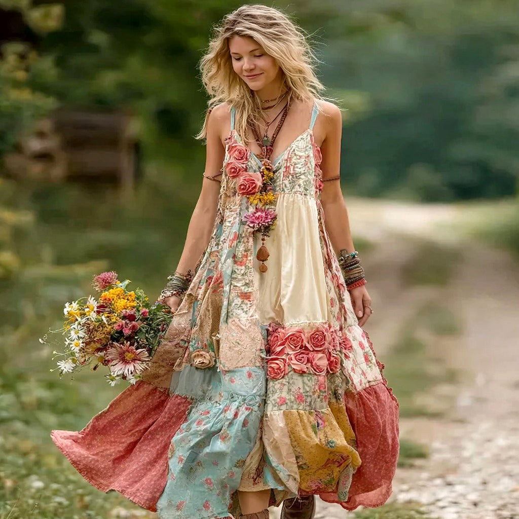 Women's Vintage Boho Floral Art Patchwork Comfy Midi Dress artswardrobe