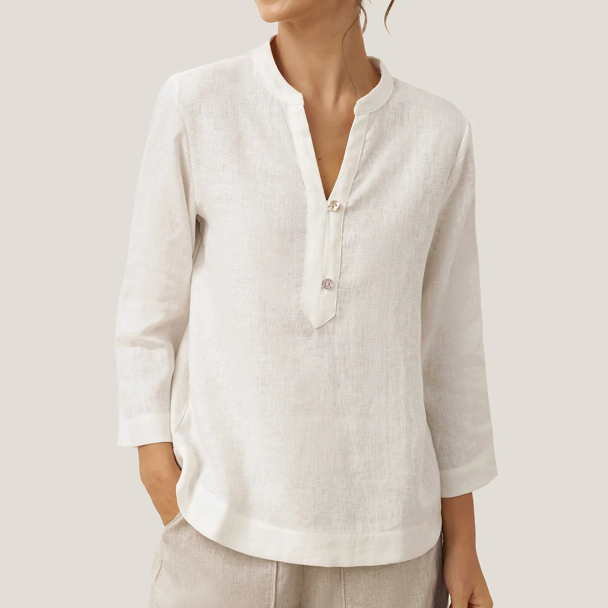 Women's Casual Solid Color Linen V-neck Pullover With Button Top elevenforest
