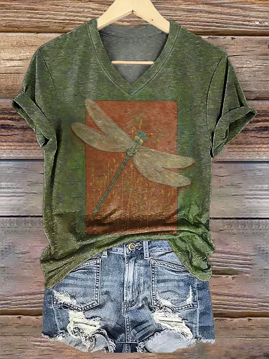 Women's Dragonfly Art Print V-neck Casual T-Shirt
