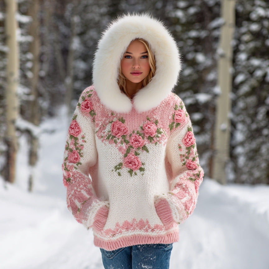 Women's Bohemian Style Pink Rose Sequins Art Warm Hooded Knitted Sweater