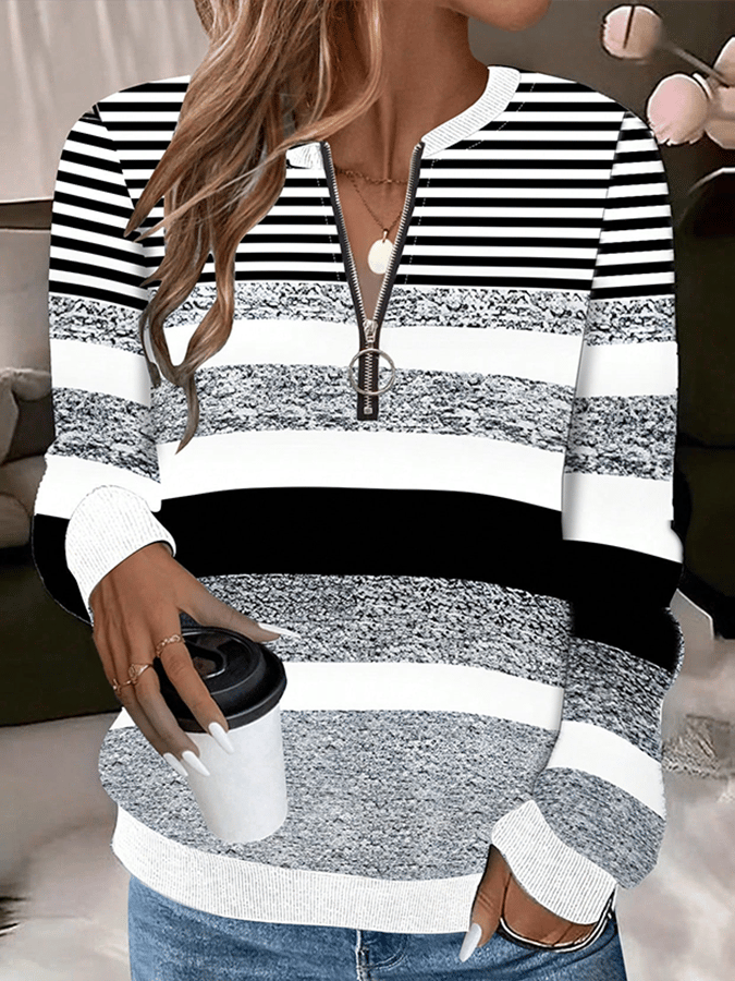 Women'S Casual Pullover Striped Print Zipper Sweatshirt