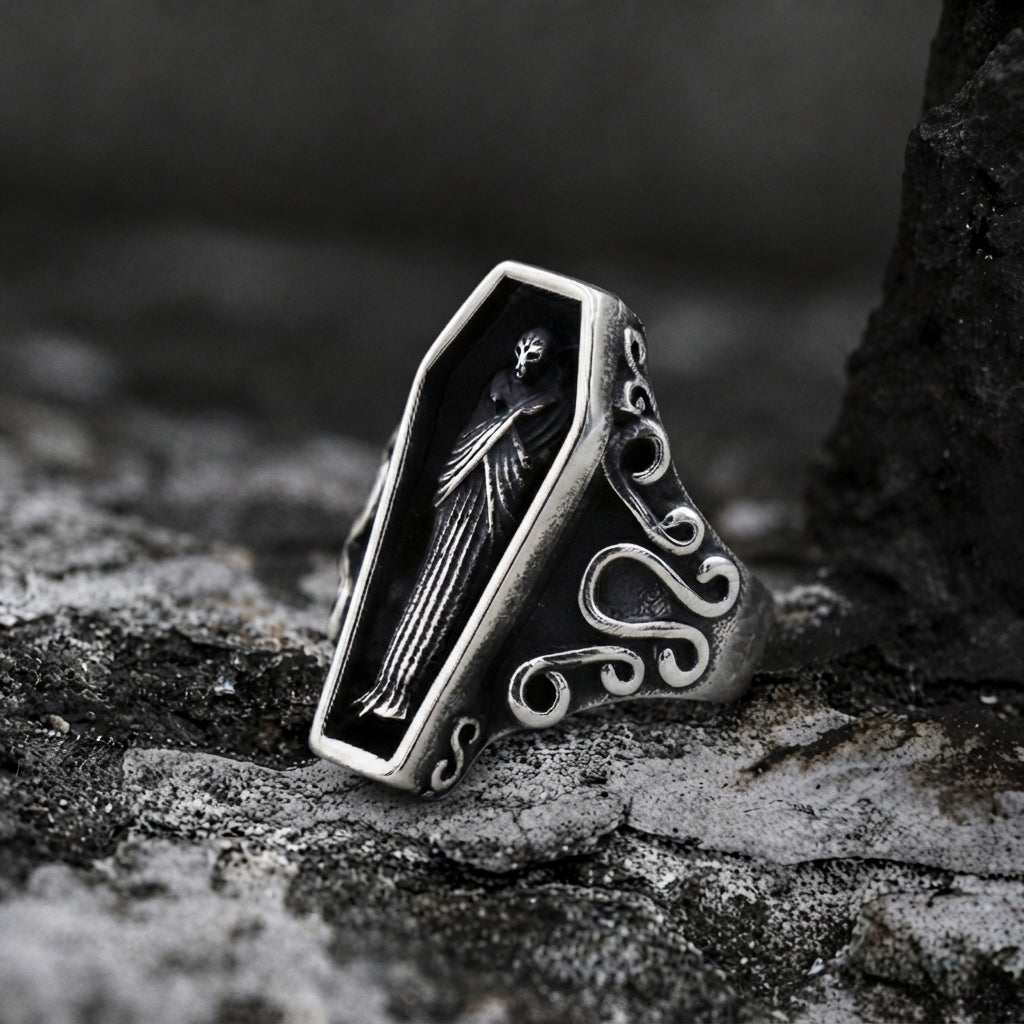 Coffin Ring with Skeleton Figure and Scroll Filigree