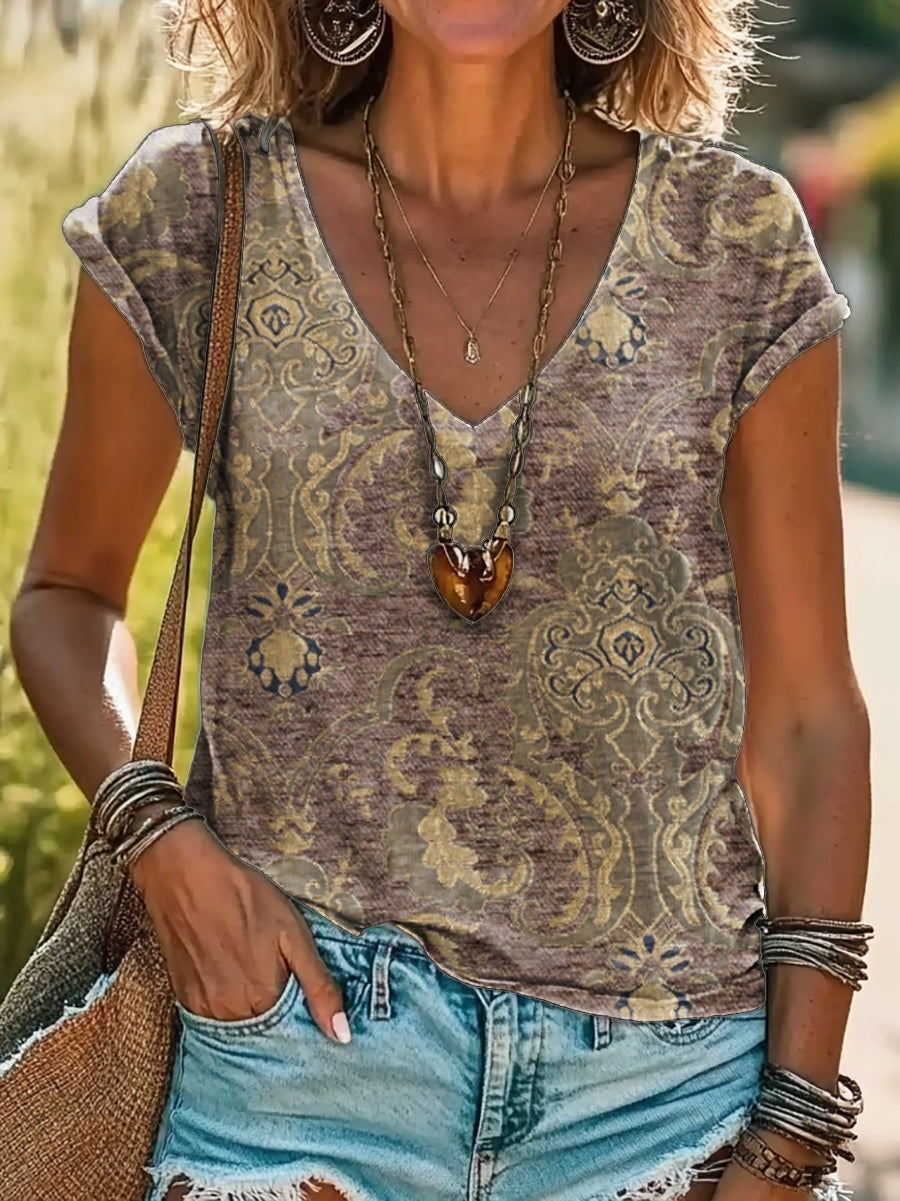 Vintage Ethnic Floral Art Print 100%Cotton V-neck T-Shirt