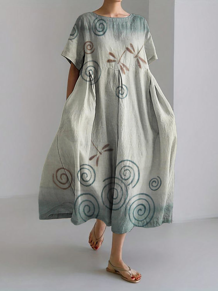 Comstylish Dragonflies & Ripples Gradient Japanese Art Linen Blend Maxi Dress