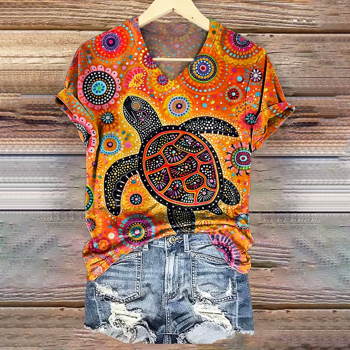 Women's Hippie Colorful Turtle Art Pattern Print V-neck Casual T-Shirt