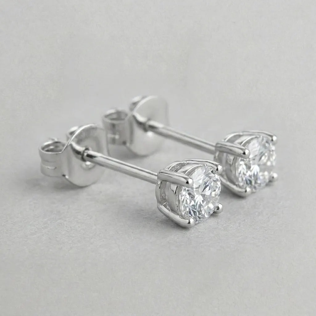 Classic Round Solitaire Diamond Stud Earrings in Sterling Silver