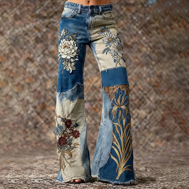 Women's Bohemian Style Floral Patchwork Art Jeans elevenforest