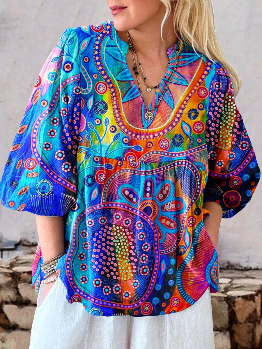 Women's Artistic Colorful Geometric Pattern LinenTop