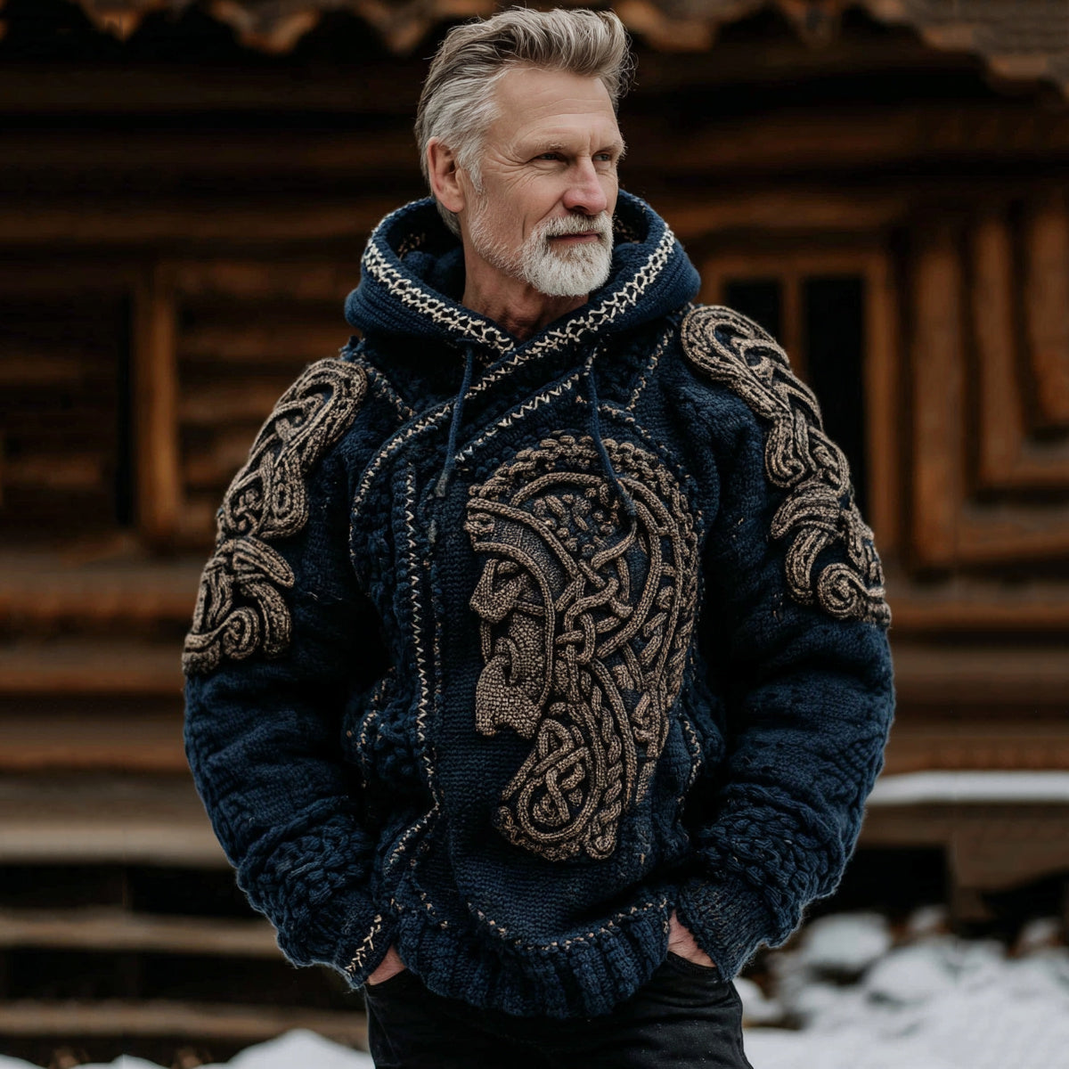 Men's Viking Warrior Ivar The Boneless Art Pattern Casual Cozy Knit Hooded Sweater elevenforest