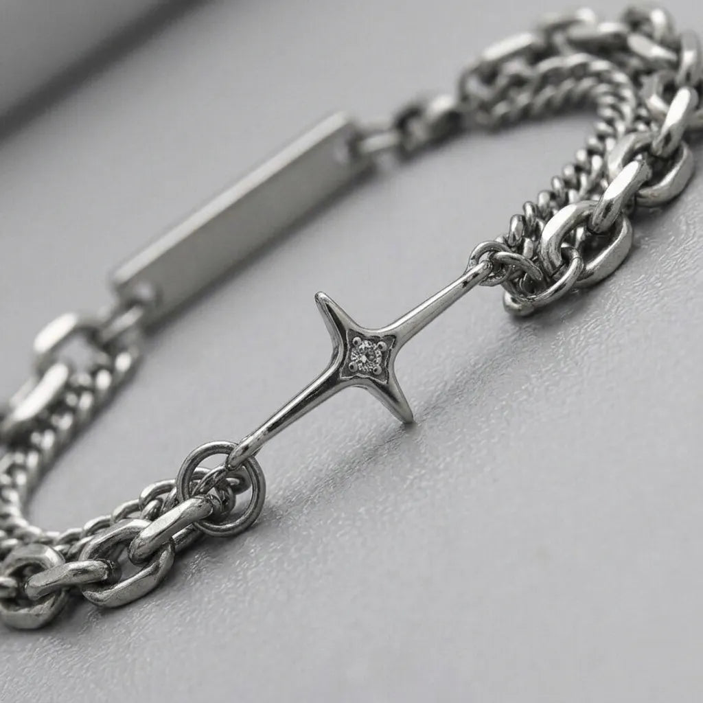 Celestial Star Cross Dual-Chain Silver Bracelet