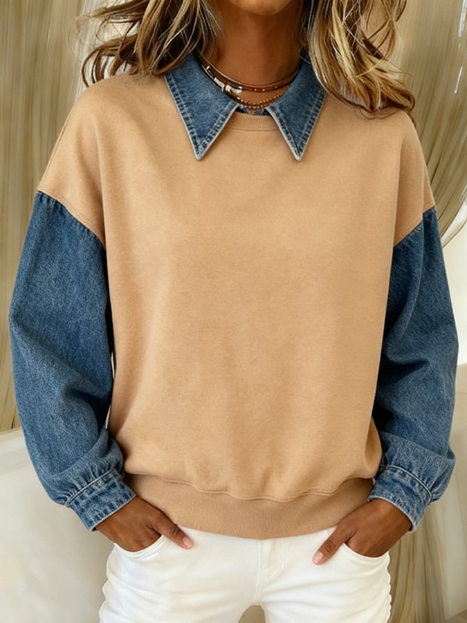 Women'S Casual Lapel Stitching Pullover Sweatshirt