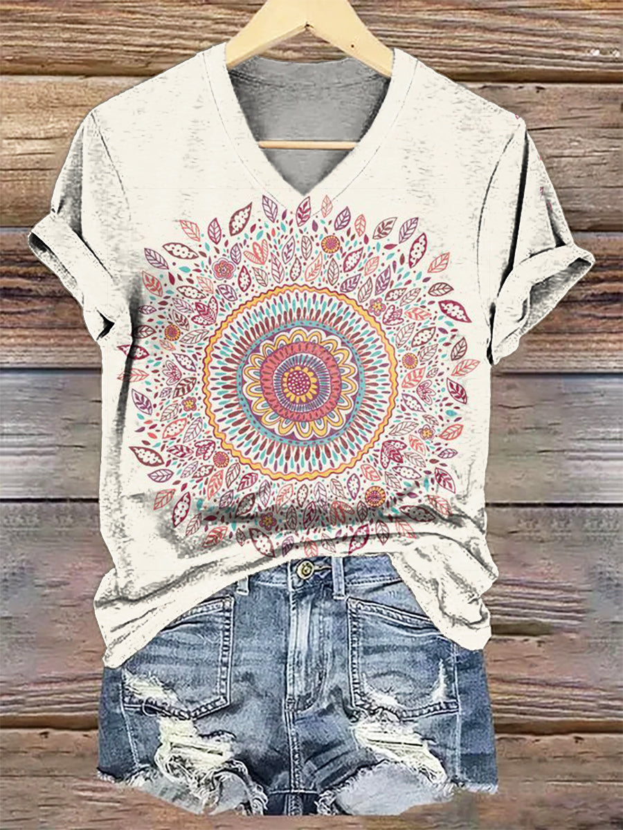Women's Botanical Mandala Art Print V-Neck Casual T-Shirt