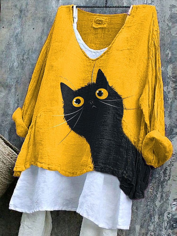 Comstylish Funny Cat Print Linen Blend Casual Shirt