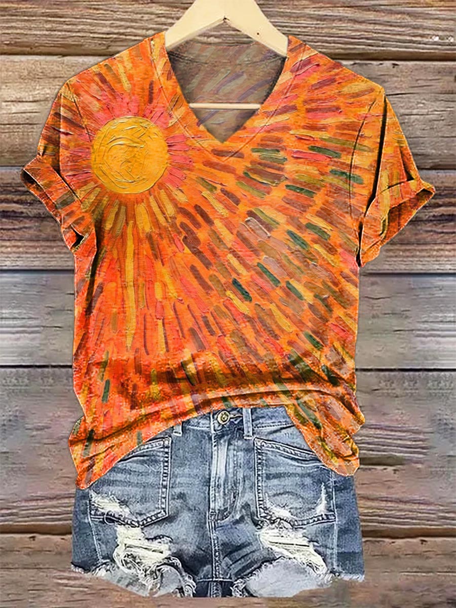 Women's Colorful Sun Print V-Neck T-Shirt