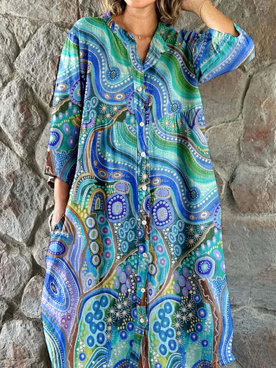 Women's Elegant Retro Art Flowing Pattern Print Shirt Style Cotton and