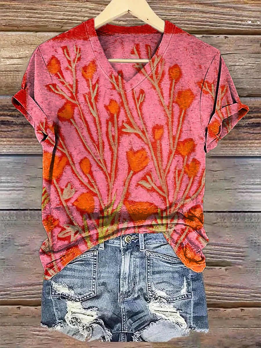 Women's Vintage Floral Art Print V-neck Casual T-Shirt