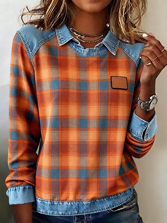 Women'S Casual Lapel Denim Patchwork Plaid Print Pullover Sweatshirt