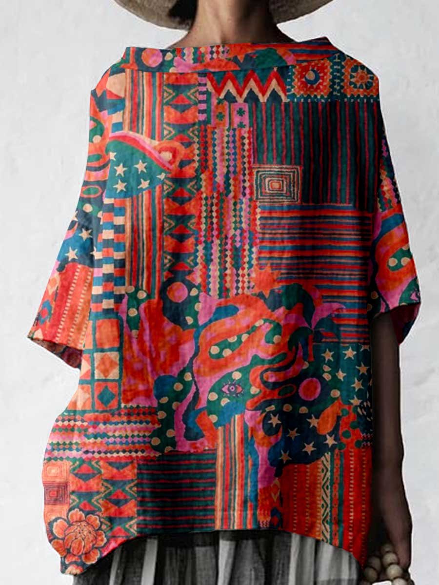 Women's Vintage Boho Pattern Cotton and Linen Top