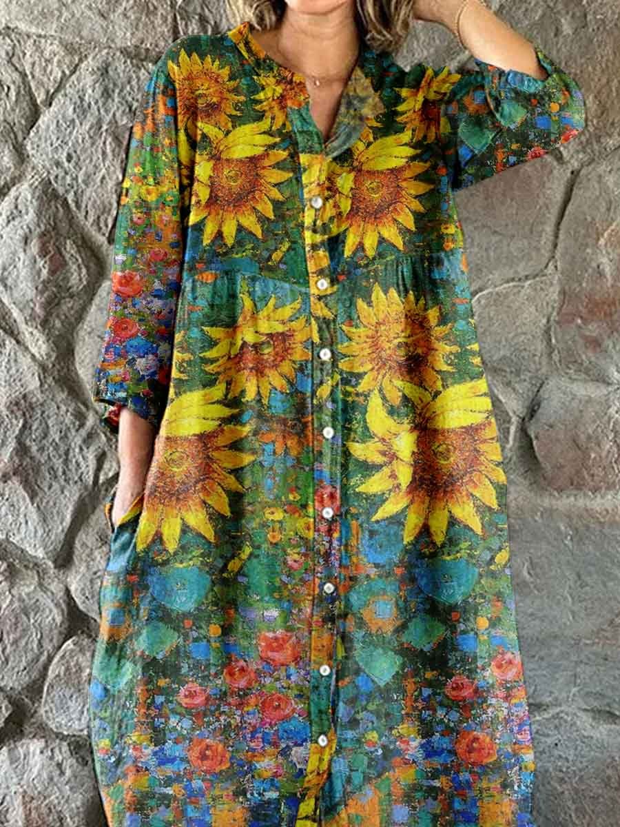 Women's Vintage Sumflower Floral Pattern Shirt Style Cotton and Linen