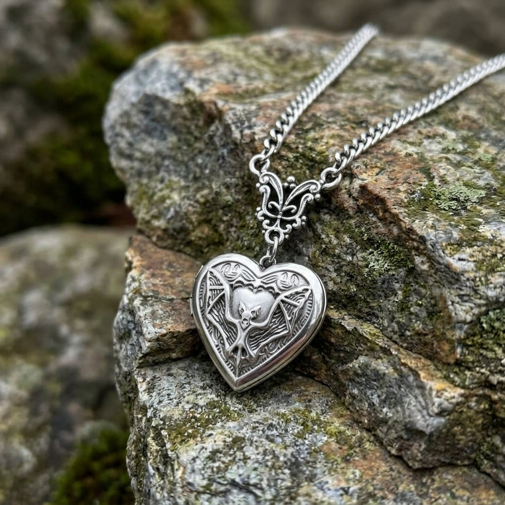 Gothic Bat Heart Locket Necklace