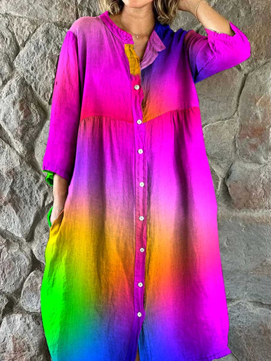 Women's Rainbow Color Gradient Print Elegant Simple Shirt Cotton and L