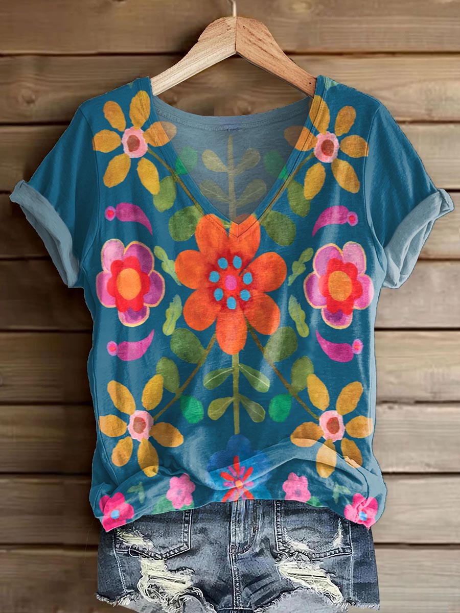 Women's Bohemian Floral Art Print V-neck Casual T-Shirt