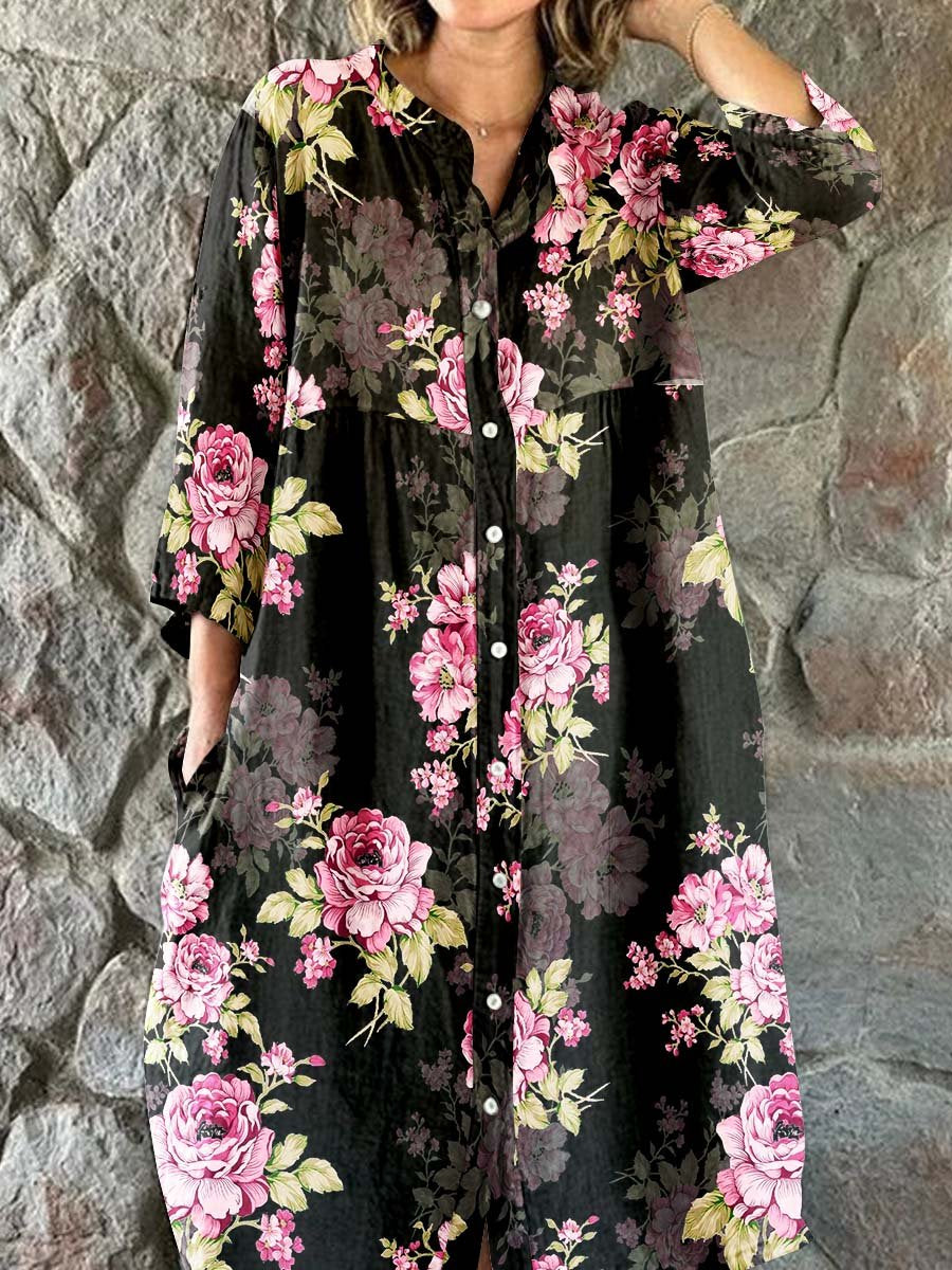Women's Elegant Vintage Floral Print Shirt Style Cotton and Linen Dres