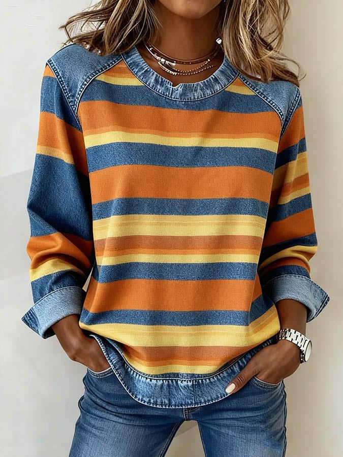Women'S Casual Round Neck Denim Patchwork Striped Print Pullover Sweatshirt