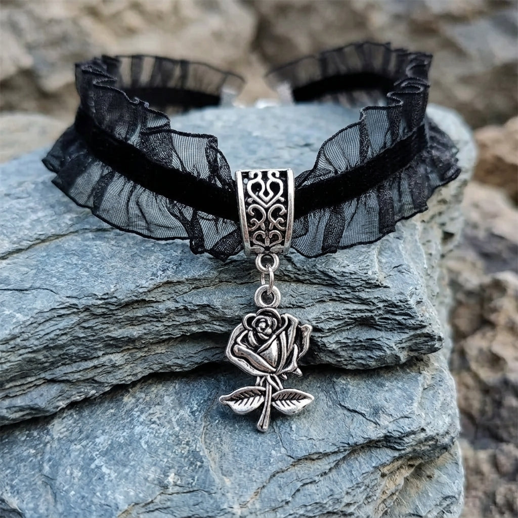Ruffled Lace Rose Gothic Choker Necklace