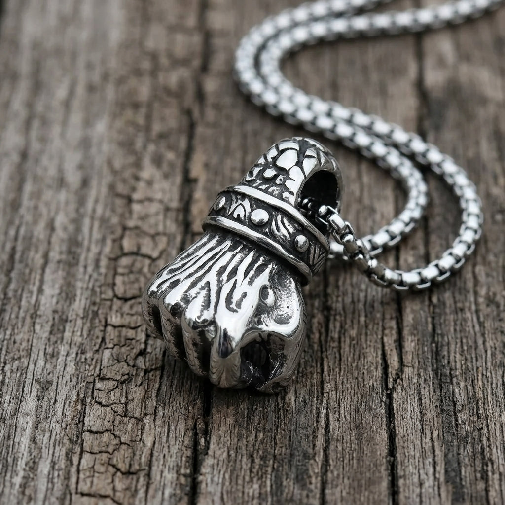 Skull-Topped Skeleton Fist Pendant Necklace