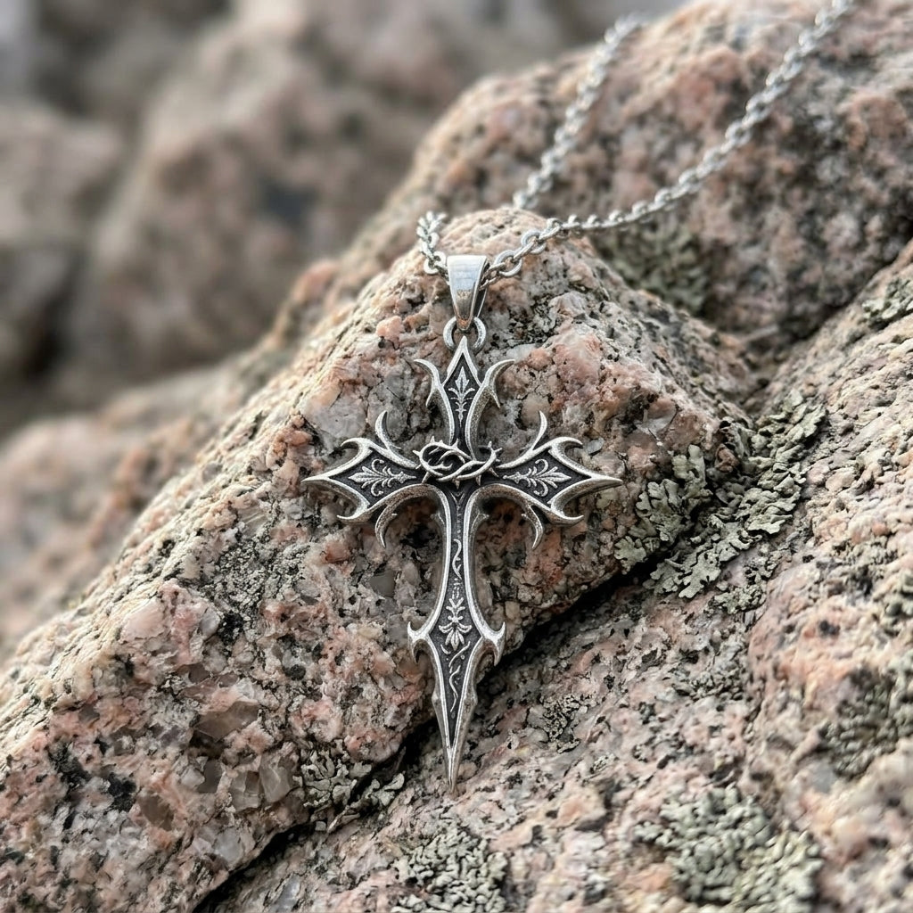 Spiked Floral Gothic Cross Pendant Necklace
