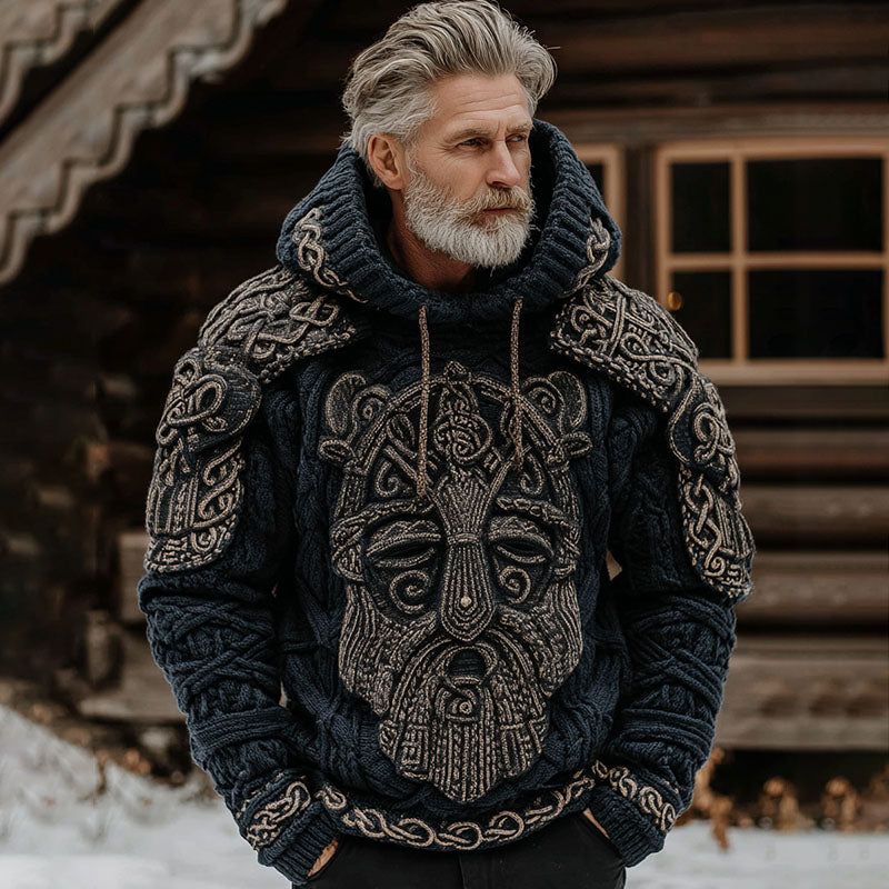 Men's Vintage Viking Warrior Ivar The Boneless Art Pattern Casual Cozy Knit Hooded Sweater elevenforest