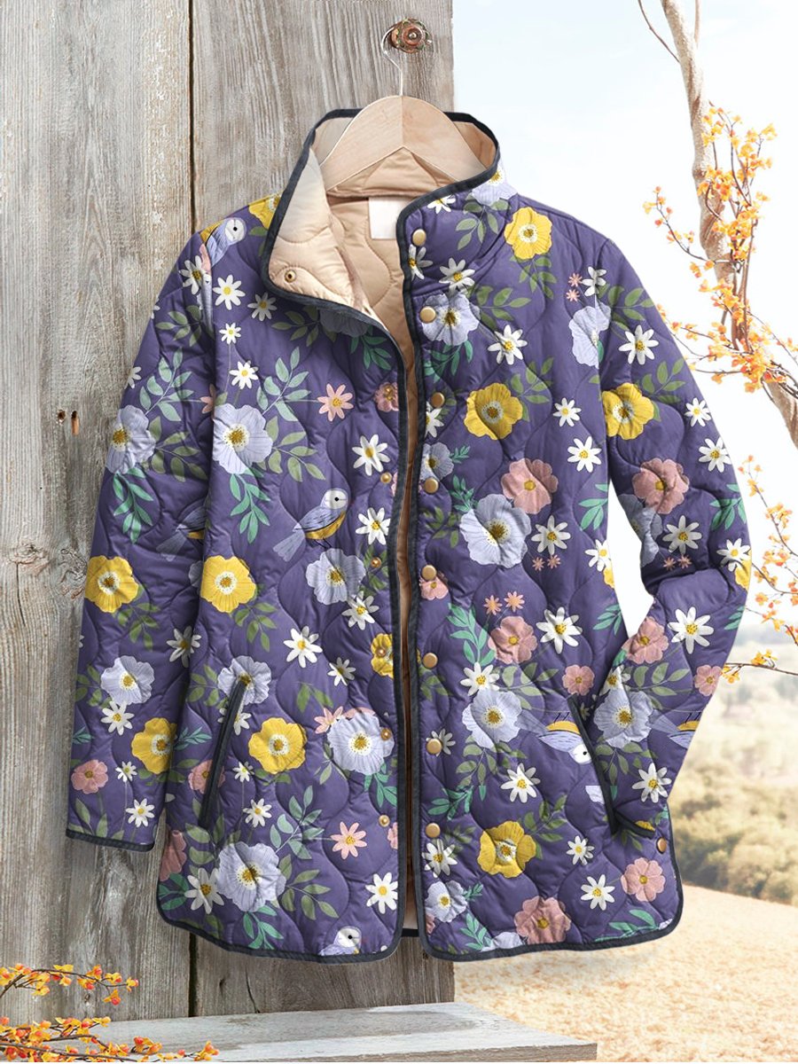Women's Retro Floral Art Print Casual Quilted Cardigan