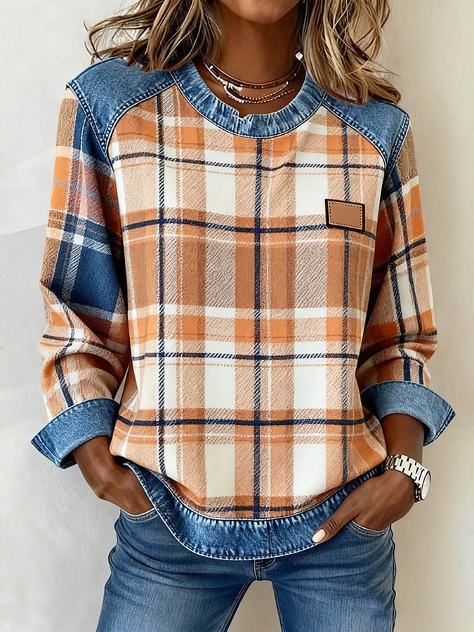 Women'S Casual Round Neck Denim Patchwork Plaid Print Pullover Sweatshirt