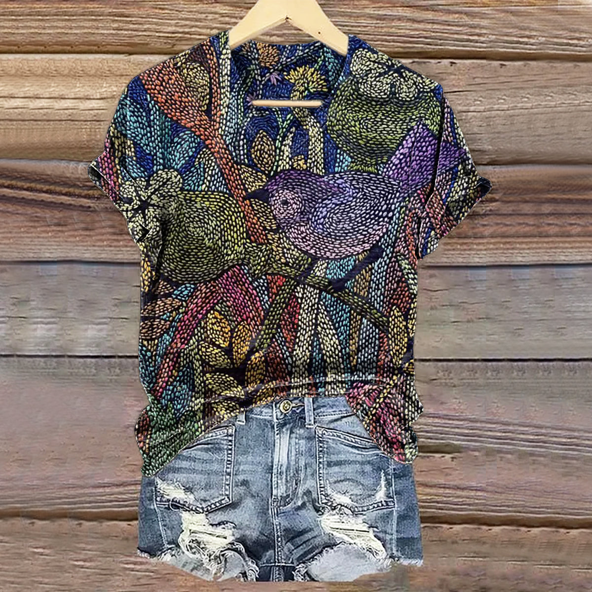 Women's Vintage Floral Bird Art Print V-neck Casual T-Shirt