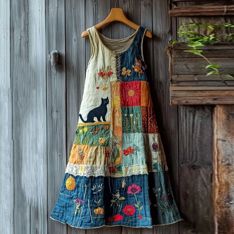 Comstylish Women's Retro Black Cat And Patch Work Art Sleeveless Dress