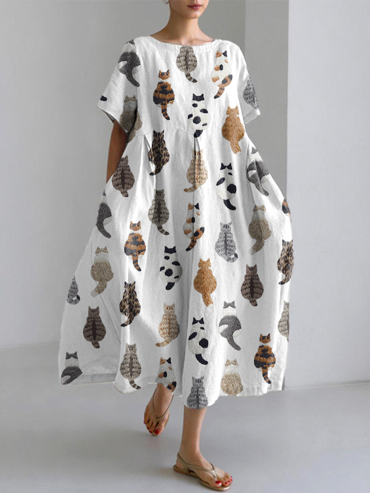 Cute Cats Embroidery Pattern Linen Blend Dress artswardrobe