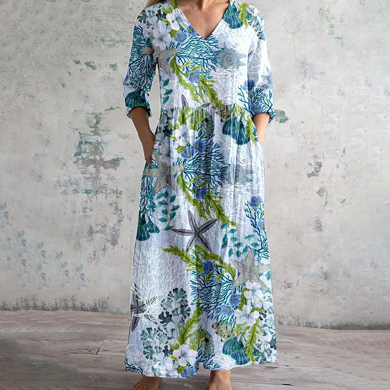 Comstylish Marine Print V-Neck Loose Midi Dress