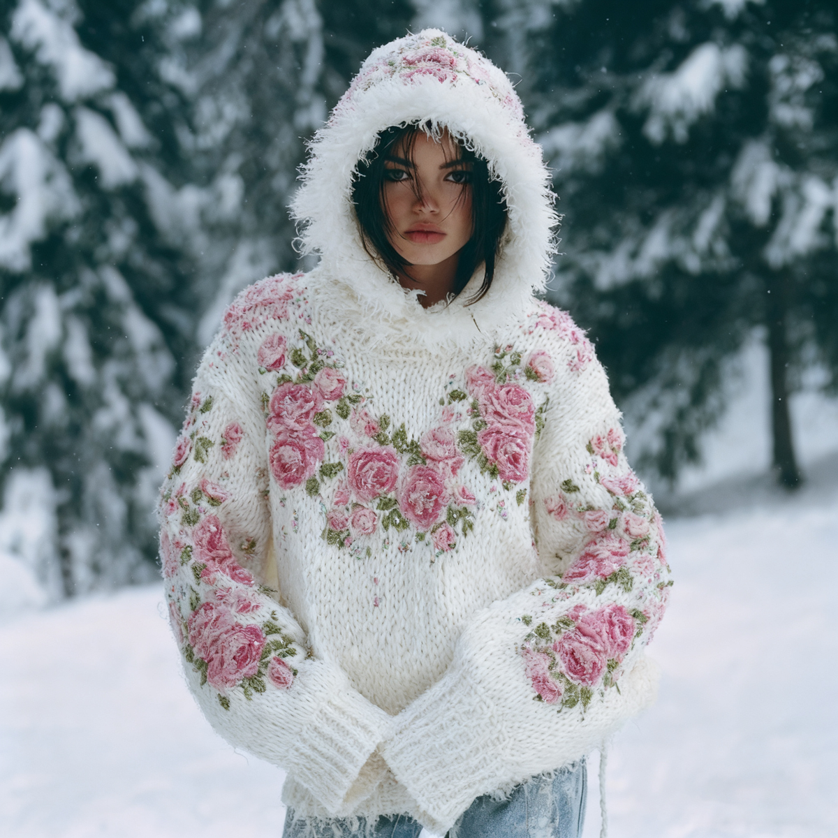 Women's Bohemian Style Pink Rose Art Warm Hooded Knitted Sweater