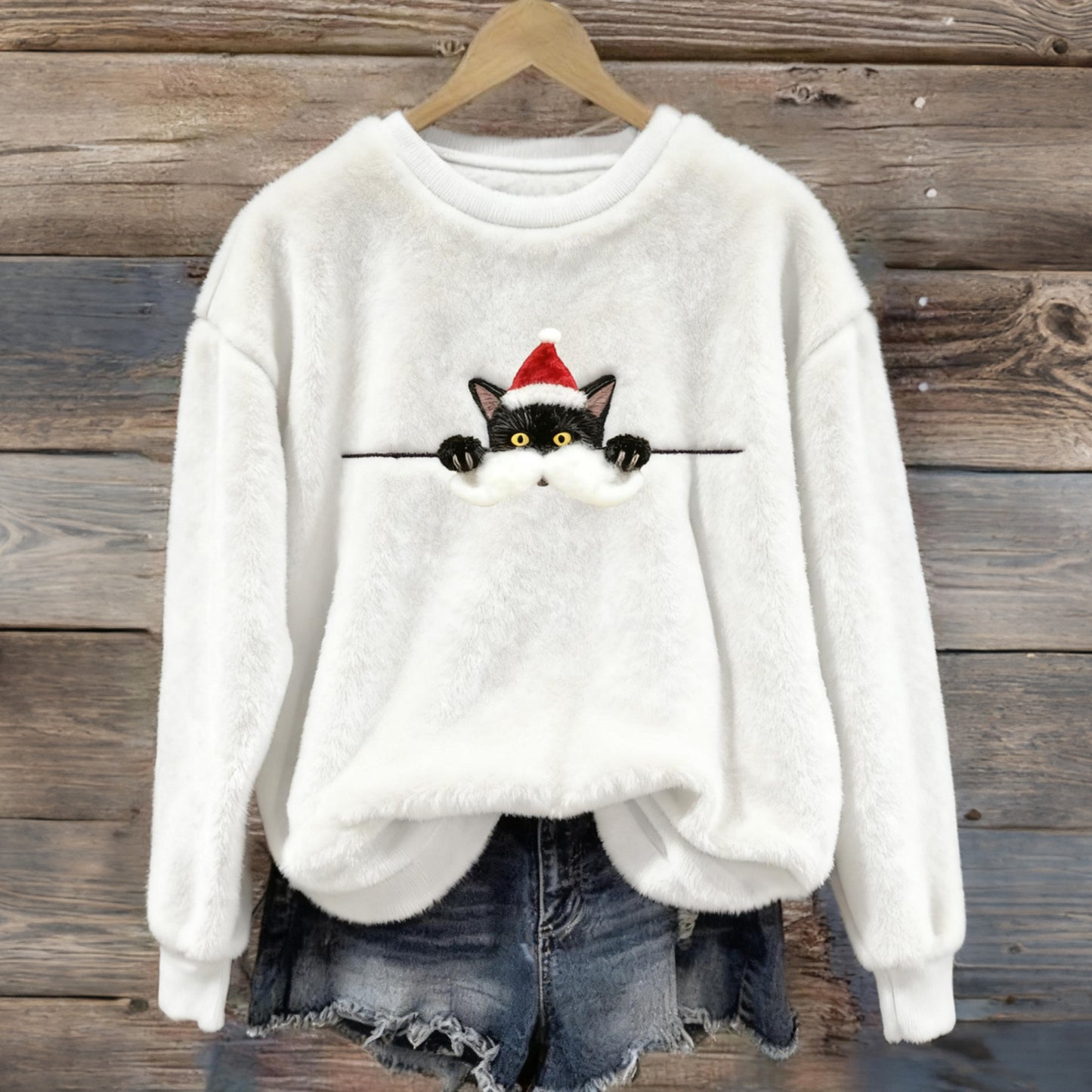 Comstylish Women's Fun Christmas Black Cat Art Cozy Flannel Sweatshirt