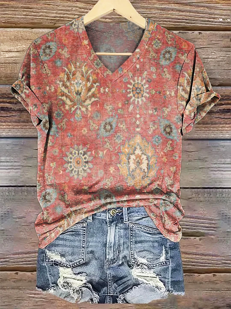 Women's Retro Ethnic Totem Pattern Print V-neck Casual T-Shirt