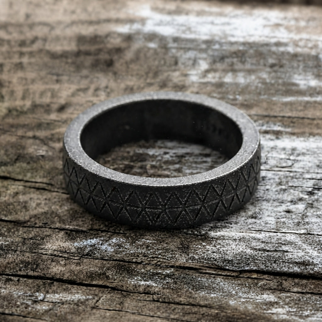 Blackened Geometric Grid Band Ring