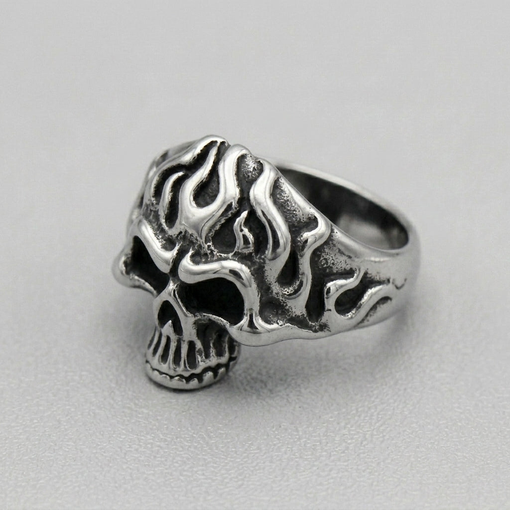 Tribal Flame Skull Statement Ring