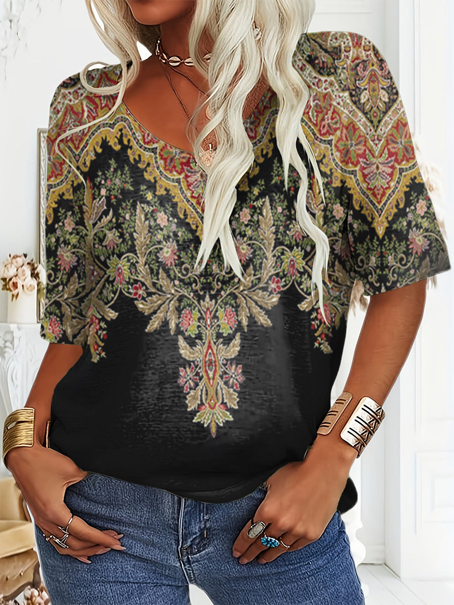 Women's Ethnic Floral Print 100%Cotton V-neck T-Shirt