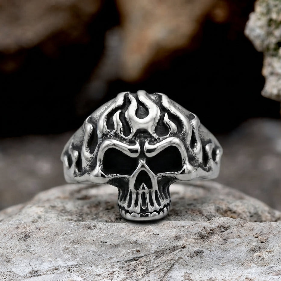 Tribal Flame Skull Statement Ring