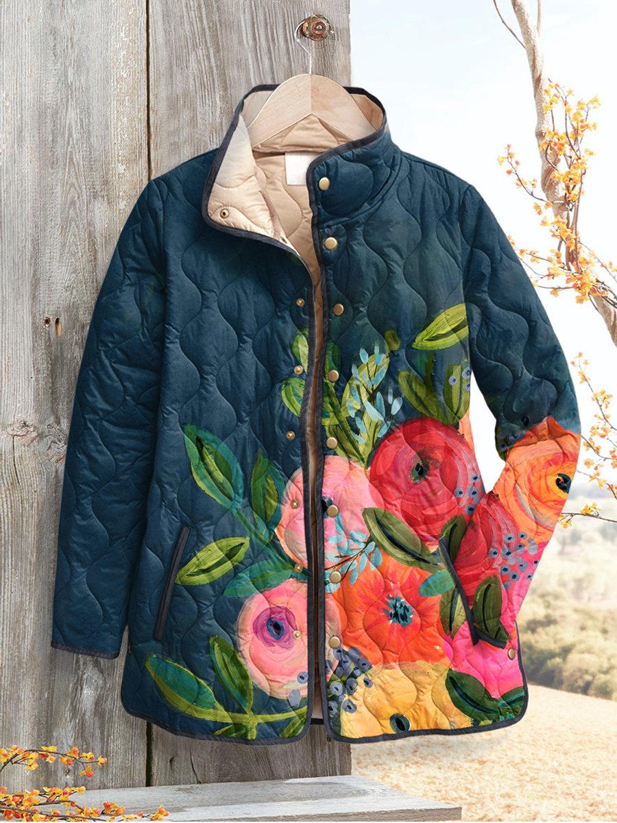 Women's Retro Floral Art Print Casual Quilted Cardigan
