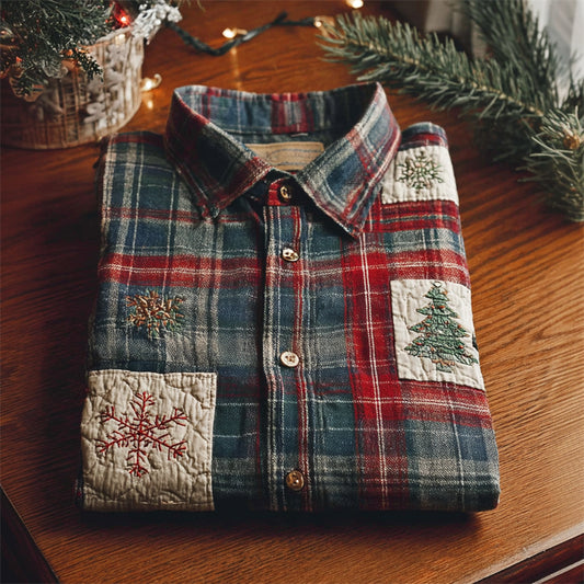 Christmas Tree & Snowflakes Embroidered Patchwork Plaid Linen Shirt artswardrobe