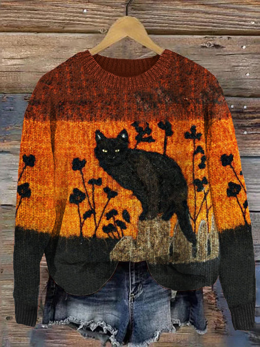 Black Cat Floral Felt Colorblock Cozy Knit Sweater elevenforest